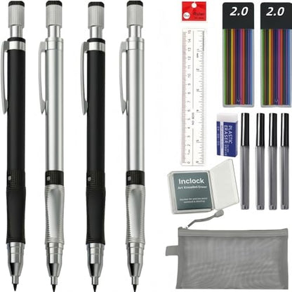 2.0mm Mechanical Pencil Set: 4 Pencils with Case HB Lead Drawing Sketch
