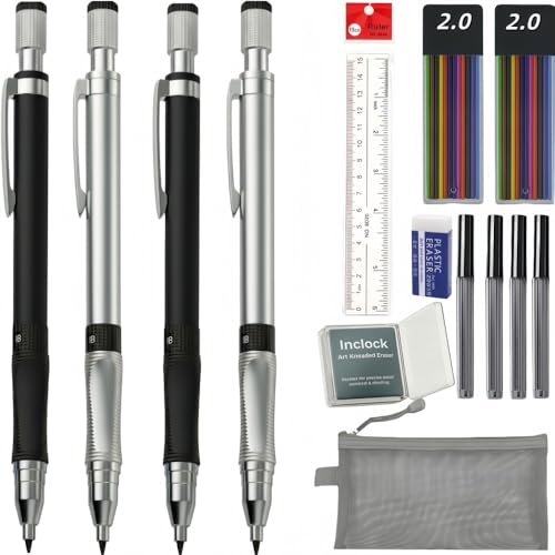 2.0mm Mechanical Pencil Set: 4 Pencils with Case HB Lead Drawing Sketch