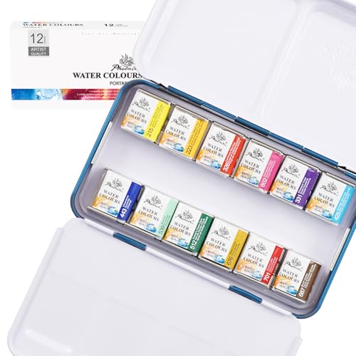 PHOENIX Artist Watercolor Paint Set - 12 Colors Half Pans Palette Quality Pigment Watercolor Travel Set Portable Tin Box for Adults, Professional Artists - color: 12 Classic Colors