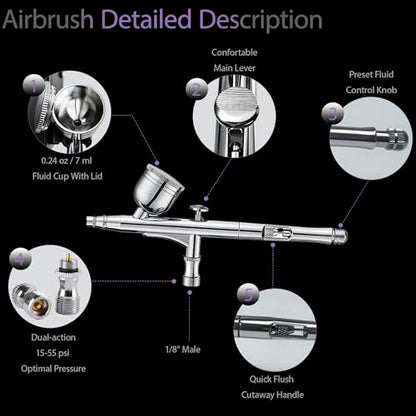 RDSWA Airbrush Kit, Dual-Action Spray Gun with 0.3mm Needle Sets and Gravity Feed 7cc Fluid Cup, Air Brush Gun Ideal for Nail Paint, Makeup, Barber, Cake Decorating, Model,Tattoo Silver