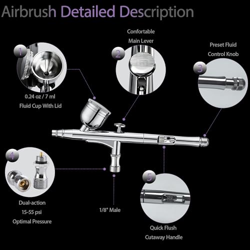 RDSWA Airbrush Kit, Dual-Action Spray Gun with 0.3mm Needle Sets and Gravity Feed 7cc Fluid Cup, Air Brush Gun Ideal for Nail Paint, Makeup, Barber, Cake Decorating, Model,Tattoo Silver