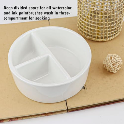 Ceramic Brush Wash Bowl,Mixing Tray,3 Slot Palette,Porcelain Watercolor Painting Dish for Painting, White