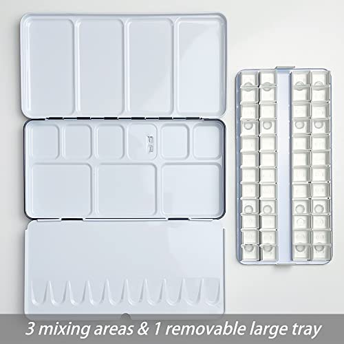 Watercolor Palette, 48 Wells and 3 Mixing Areas - Empty Half Pans Watercolor Palette with Lid, Folding Paint Tray - style: Tin with 48 Transparent Half Pans