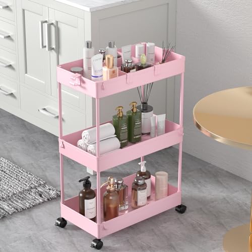 SPACELEAD 3 Tier Rolling Cart with Wheels, Storage Craft Art Trolley Organizer Serving, 3 Hanging Baskets Easy Assembly, for Office, Living Room, Kitchen, Pink - color: Pink