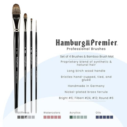 Creative Mark Hamburg Premiere Professional Oil Painting Brushes - Large Asst Set of 4 Handmade Oil Paint Brushes w/ #24 Filbert - Natural & Synthetic Blend, Long Triple-Lacquered Birch Handle - size: Large - Set of 5