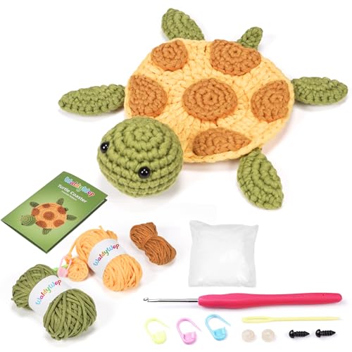 WaldyWop Crochet Kit for Beginners – Easy to Follow Tutorials, Ergonomic Hook & Tangle-Free Yarn, Complete DIY Craft Set for Teen Girls (13+) & Women, Stress Relief & Home Decor (Turtle Coaster) - color: Turtle