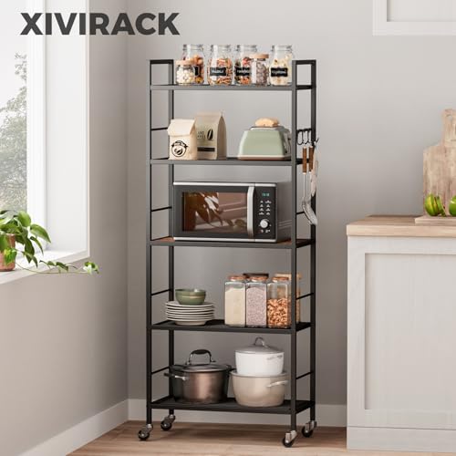 5-Tier Metal Storage Rack with Industrial Wheels,Mesh Shelving Unit with Wooden Table top,Adjustable Shelf,23.6-Inch Width,for Kitchen, Laundry,Pantry,Plant,Black - color: Brown Panel, size: 5 Tier (23.6"W x 11.8"D)