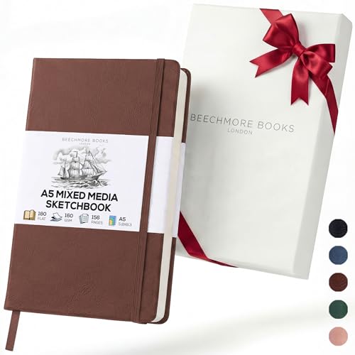 Beechmore Books A5 5.8x8.3 Mixed Media Sketchbook 160 GSM/98LB, Gift Box - color: Chestnut Brown, size: A5 - 5.8" x 8.3" Medium