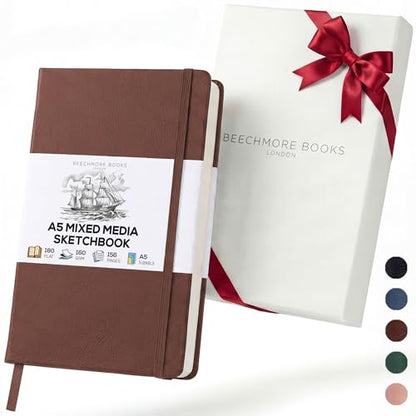 Beechmore Books A5 5.8x8.3 Mixed Media Sketchbook 160 GSM/98LB, Gift Box - color: Chestnut Brown, size: A5 - 5.8" x 8.3" Medium