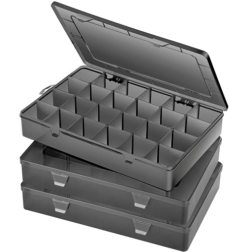 Gbivbe Large 24 Grids Plastic Organizer Box Adjustable Dividers,Clear Storage Box for Jewelry, Art DIY Crafts, Washi Tapes, Beads and Small Parts(Black,3Pack) - color: Black-3