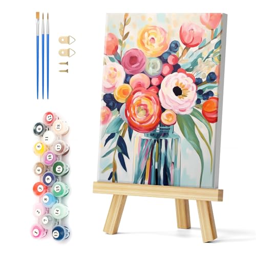 Natuyalo Framed Paint by Numbers for Adults Beginner, Colorful Flowers Acrylic Easy Paint by Numbers Kits with Frame Vase Art Craft Kits for Adults Suitable for Wall Decoration 12x16 Inch - color: Color-03