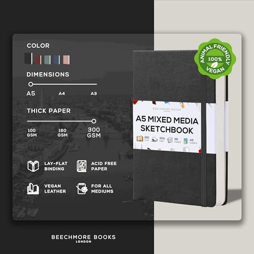 Beechmore Books A5 5.8x8.3 Mixed Media Sketchbook 300 GSM/140LBS | Heavyweight Vegan Leather Hardcover, 96 Pages Art Journal, Art Supplies for Paintings, Gouache, Watercolor & Ink - color: Charcoal Black, size: A5 - 5" x 8" Medium