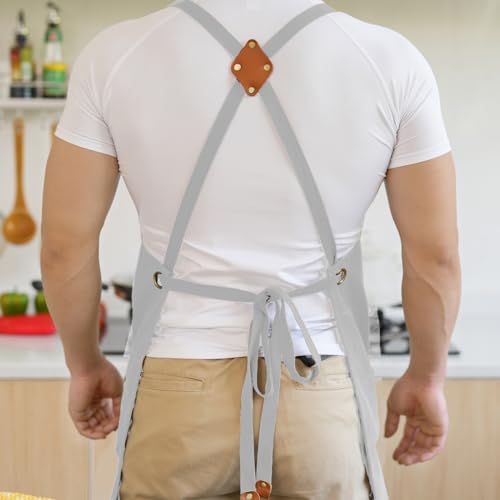 Aoomzoon Canvas Aprons for Men Chef Apron, Work Apron with Large Pockets - 16oz Heavy Duty Cross Back, BBQ, Cooking - color: White