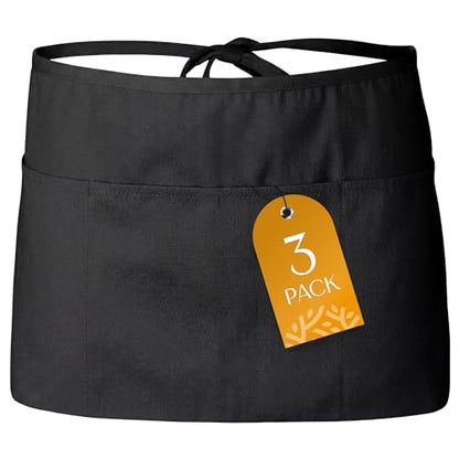 White Classic 3 Pack - Black Server Waist Aprons with 3 Pockets, Waitress Half Apron - color: Black Waist Apron - 3 Pack