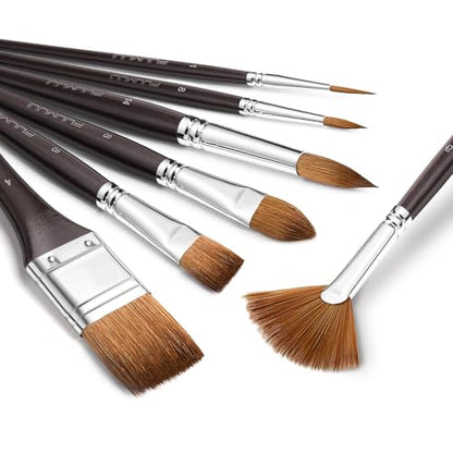 Sable Watercolor Brushes Professional, Fuumuui 7Pcs Sable Brush Set Variety Shapes with Flat, Round Pointed, Cat's Tongue Oval Wash Fan Brush Perfect for Watercolor Gouache Inks Painting - color: Brown+black