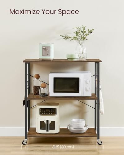 VASAGLE Kitchen Shelf on Wheels, 31.5 Inches Serving Cart with 3 Shelves - color: Rustic Brown + Ink Black, size: 31.5"W x 35"H, style: Shelf