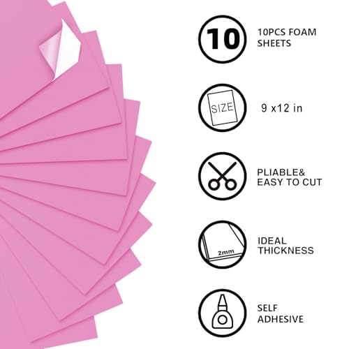 MEARCOOH Self Adhesive Foam Sheets, Pink 9x12 Inch 2mm Sticky Eva Foam Paper for Crafts Cardmaking Photo Frames Classroom Scrapbooking Christmas Crafts (Pink 10 Sheets) - color: Pink Self-adhesive, size: 9X12in-2mm