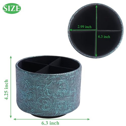 Round Leather Art Supply Organizer,Remote Control Holder,360 Degree Spinning,Multi-Functional Pencil Holder,4 Compartments Desktop Stationary Organizer(1-Carved Metal Green3) - color: 1-Carved Metal Green3