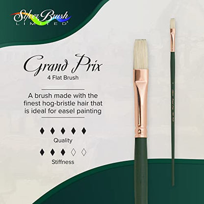 Silver Brush 1001-4 Grand Prix Premier Long Handle Hog Bristle Brush, Flat, Size 4 | Stiff Flagged Hog Bristle, Superb Paint Absorbency, Well-Balanced, Lightly Textured Strokes, Easel Painting - size: Size 4