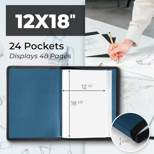 Dunwell 12x18 Art Portfolio Binder, 24-Sleeve, Black Mounting Paper, Blue | 24 Clear Sleeves, Displays 48 Pages, Black Mounting Paper Included, Artwork Storage, Acid-Free Poly Protection - color: Cobalt Blue, size: 12x18" w/ BLK Paper