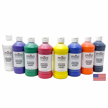 milo Kid's Washable Finger Paint Set of 8 Colors | 16 oz Bottles | Safe and Non-Toxic | Made in the USA | Art & Craft Paints for Kids, Toddlers, Pre School Supplies Painting Set for Children | Easy - style: Primary Set 8 x 16 oz