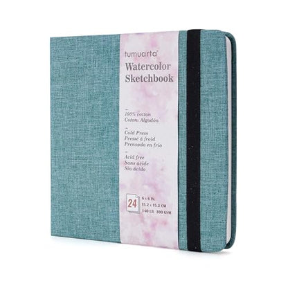 tumuarta Watercolor Sketchbook, 6x6”, 140 LB, 300GSM, 100% Cotton Paper - color: Blue, size: 6"x6"