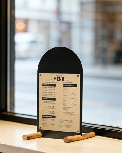 Metal Tabletop Menu Stand with Magnetic Holders and Chalk Writable Surface, Reusable Cafe Display Board with Wooden Base for Restaurant Bakery Retail Counter Menu, Daily Specials and Price Signs - size: A5 Vertical (12.2 × 6.7 in)
