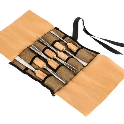 7-Piece Wood Carving Chisel Tools Set, Sharp CR-V Steel Blades | Precision woodworking tool kit with ash handles & canvas bag. Razor sharp 60CR-V blades for beginners and professionals - size: 7-Piece with Ash Handle