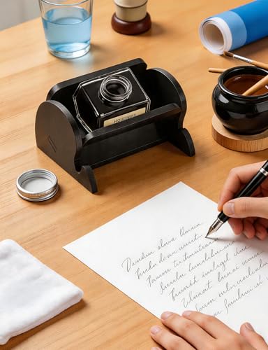 2 in 1 Acrylic Tilting Glass Ink Bottle Holder, Calligraphy Oblique Nib Pen Holder Stand, Non-Slip Base, Elegant Desk Decor for Writing, Ink Storage, Artists Calligraphy Beginners