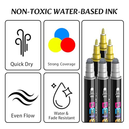 Betem 6 Gold&Silver Dual Tip Acrylic Paint Markers, Fabric Decorating Kits Premium Water-Based Acrylic Paint Pens Art Supplies for Fabric, Rock, Wood, Glass, Canvas, Ceramic, Teacher Appreciation Gift
