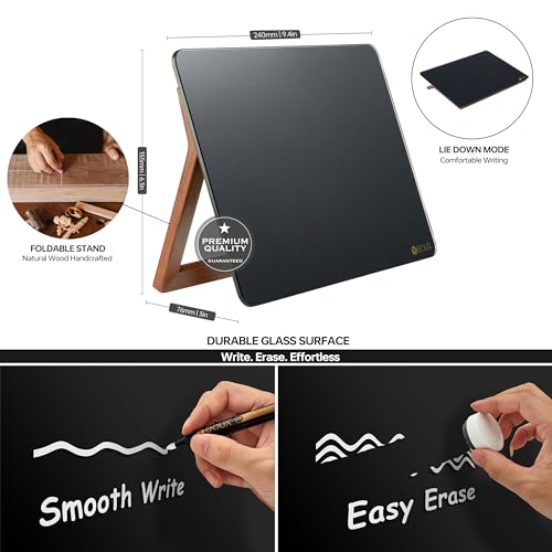 Yeoux Desk Black Glass Dry Erase Board with Reversible Wood Stand 6.7"x9.5" - color: Walnut-black Horizontal