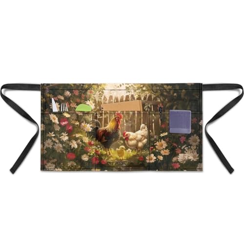 Waist Apron with 3 Pockets Waterproof 13 Inch Short Half Waist Aprons Women Men Server Aprons Waitress Waiter Apron - color: Chickens