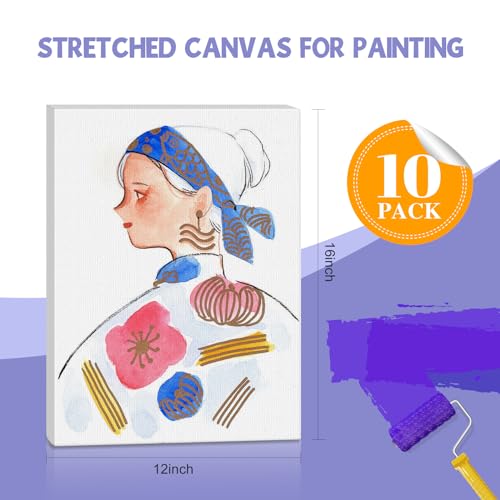 ESRICH Stretched Canvas for Painting 12x16 Inch, 10 Pack Blank Canvas -5/8 in Profile Primed Cotton White Canvases for Painting for Oil & Acrylic Paint - size: 12x16in-10Pack
