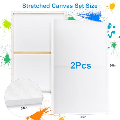 Stretched Canvas for Painting 24 x 36 Inch, 2 Pack Large Blank Canvas, Triple Primed Acid-Free Cotton, Professional Canvas for Acrylic Oil Pouring & Wet Media - size: 24"x36" - 2Pack