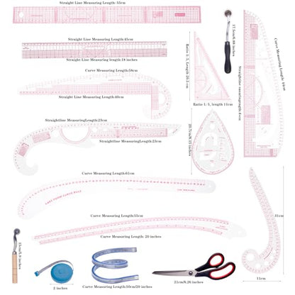 Acrylic Sewing Ruler Set，French Curve Pattern Rulers Kit for Tailors Designers Precision Pattern Making Guides Quilting and DIY Supplies (Ruler Set 4-15Pcs) - color: Pink Ruler Set 4-15Pcs