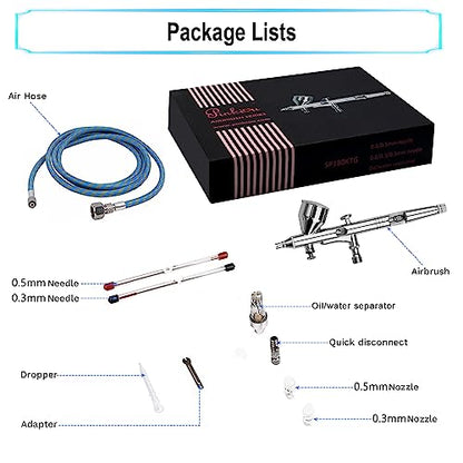 Pinkiou Airbrush Kit with Different Nozzle and Needles Muti-Purpose Dual Action Airbrush Sets with Air Brush 0.2 0.3 &0.5mm Needles and Air Hose for Hobby Model Painting Tattoo Cake Nail Art - color: silver