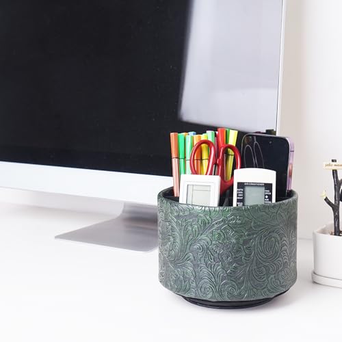 Round Leather Art Supply Organizer,Remote Control Holder,360 Degree Spinning,Multi-Functional Pencil Holder,4 Compartments Desktop Stationary Organizer(1-Carved Metal Green1) - color: 1-Carved Metal Green1