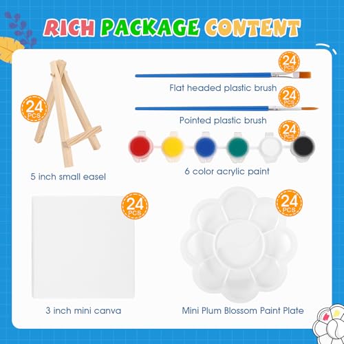 ESRICH 24 Set Mini Acrylic Paint Kit, Mini Stretched Canvas with Easel | Acrylic Paint Strips, Paint Palettes, Painting Brushes, Mini Canvas and Easel Set for Kids Artists Beginner, Gift