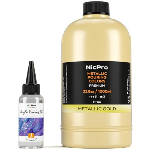 Nicpro Gold Metallic Acrylic Pour Paint, 33.8 Ounce Pre-Mixed Pouring Paint Supplies with Silicone Pour Oil & Gloves for Canvas, Rock, Wood Cell Creation Flow DIY Art Painting, Ready to Pour - color: 33.8oz-gold