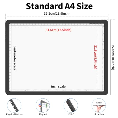 Phylosal Rechargeable A4 LED Light Pad for Diamond Painting, Ultra-Thin Magnetic Tracing Light Box for Drawing, Diamond Art Light Board with Side Button, Super Bright Light Table for Sketching (Black) - color: Black, size: A4 without Handbag