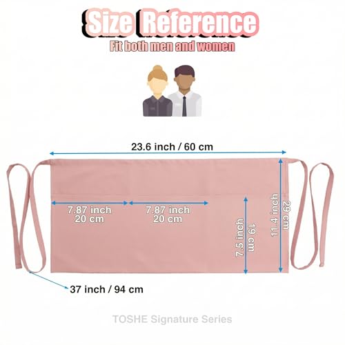 TOSHE Waist Apron 3 Pockets Waterdrop Resistant Cotton Server,Chef,Waitress - color: Powder Pink