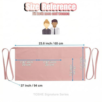 TOSHE Waist Apron 3 Pockets Waterdrop Resistant Cotton Server,Chef,Waitress - color: Powder Pink