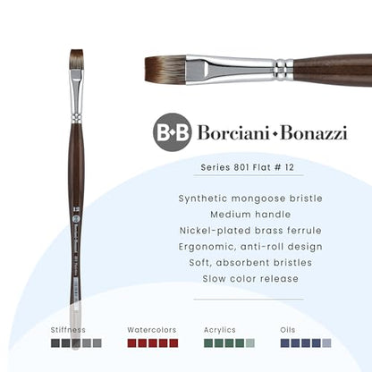 Borciani e Bonazzi Unico Synthetic Mongoose Artist Paint Brush - Series 801 Flat - Size #12 - Watercolors, Oil & Acrylic Paint - Handcrafted in Italy, Anti-Roll Design, Ergonomic Medium Handle - size: 12