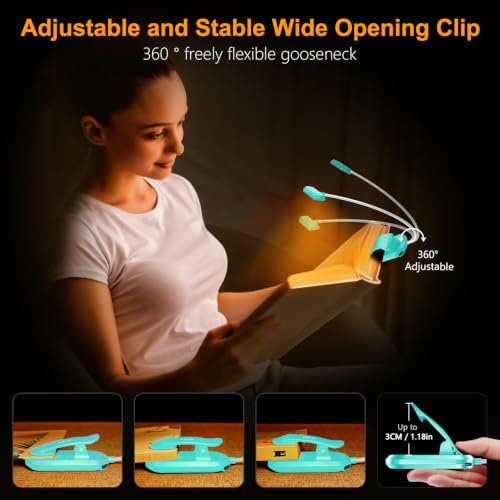 Gritin Rechargeable Book Light for Reading in Bed with 19 LED | Eye Caring 3 Color Temps, 5 Brightness Levels, Memory Function, 90 Hrs Runtime Flexible Goose Neck Clip on Light-Blue - color: Blue