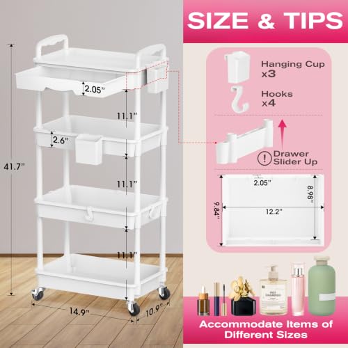 Goovilla Rolling Makeup Organizer Cart with Removable Drawer, 4 Tier White | Stable Floor Skincare Storage Cart for Vanity, Cosmetic Display, Nail Polish, Perfume, Hair Stuff, Beauty, Bathroom(Plastic) - color: White, size: 4 Tier