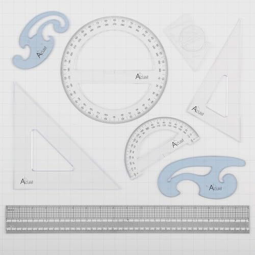 Acurit Drafting Introduction Set of 8 - Professional Drafting Tools for Architects & Artists: Includes Triangles, Grid-Scale Ruler, Lettering Guide, Protractors & French Curves - Drafting Kit - size: Set of 8