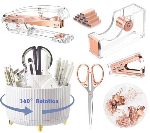 Gawsey Rose Gold Desk Organizers and Accessories with Desk Organizer 360° Rotating Pen Holder and Office Supplies, Cute Stationery Supplies Set - color: B-Rose Gold