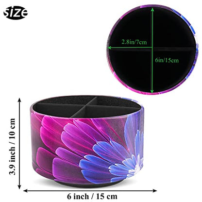 Round Leather Art Supply Organizer,Remote Control Holder,360 Degree Spinning,Multi-Functional Pencil Holder,4 Compartments Desktop Stationary Organizer(1-Blue Fractal Flower) - color: 1-Blue Fractal Flower
