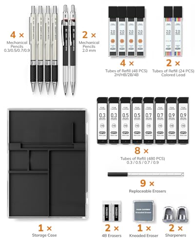 Four Candies 27PCS Metal Mechanical Pencil Set, Art Supplies with Case - style: 0.3mm+0.5mm+0.7mm+0.9mm+2.0mm