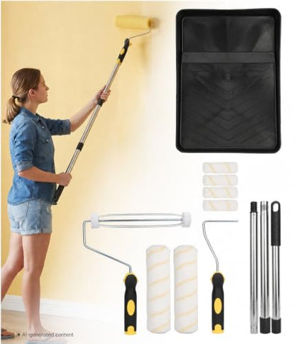 Bates- Paint Roller Kit with Extension Pole, 10 pcs, 9" & 4" Roller Frames | Plastic Paint Tray, 6 Roller Covers, 3 FT Stainless Steel Extension Pole for Walls, Ceilings & Home Painting Projects